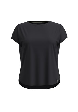 Black short-sleeve t-shirt with a crew neckline and a slightly curved hem. Made from smooth fabric, featuring a subtle brand accent at the bottom.