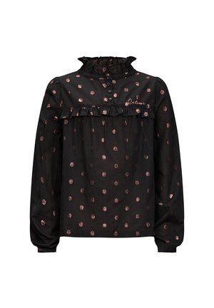 Blouse noire à manches longues avec pois en rose doré, col montant à volants, patte de boutonnage et détail à volants sur la poitrine avec le texte brodé "Retour".