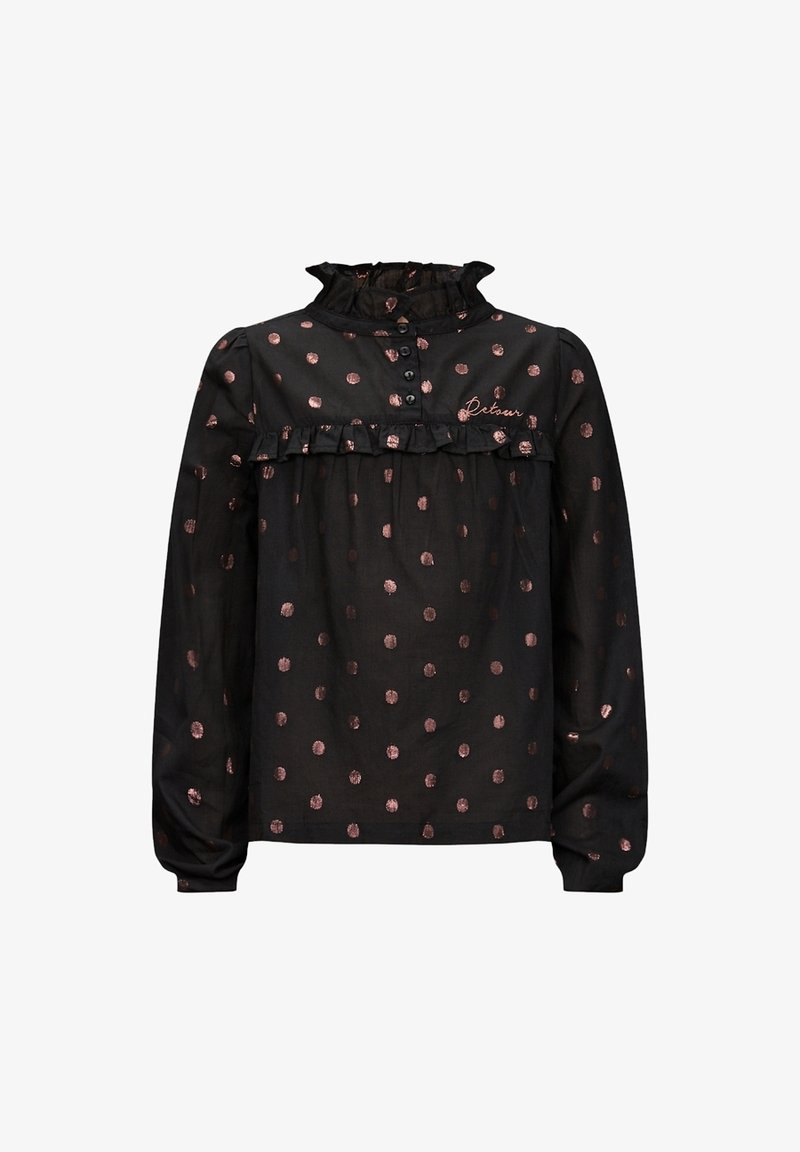 Blouse noire à manches longues avec pois en rose doré, col montant à volants, patte de boutonnage et détail à volants sur la poitrine avec le texte brodé "Retour".