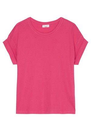 T-shirt rose vif à manches courtes avec un col rond et des revers de manches pliés, présenté sur fond blanc.