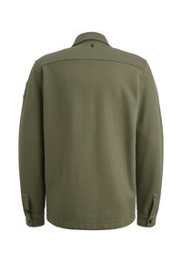 Groene,textuurtrui met een kraag en knopen aan de manchetten. Heeft een subtiel ruitpatroon voor extra visuele interesse.