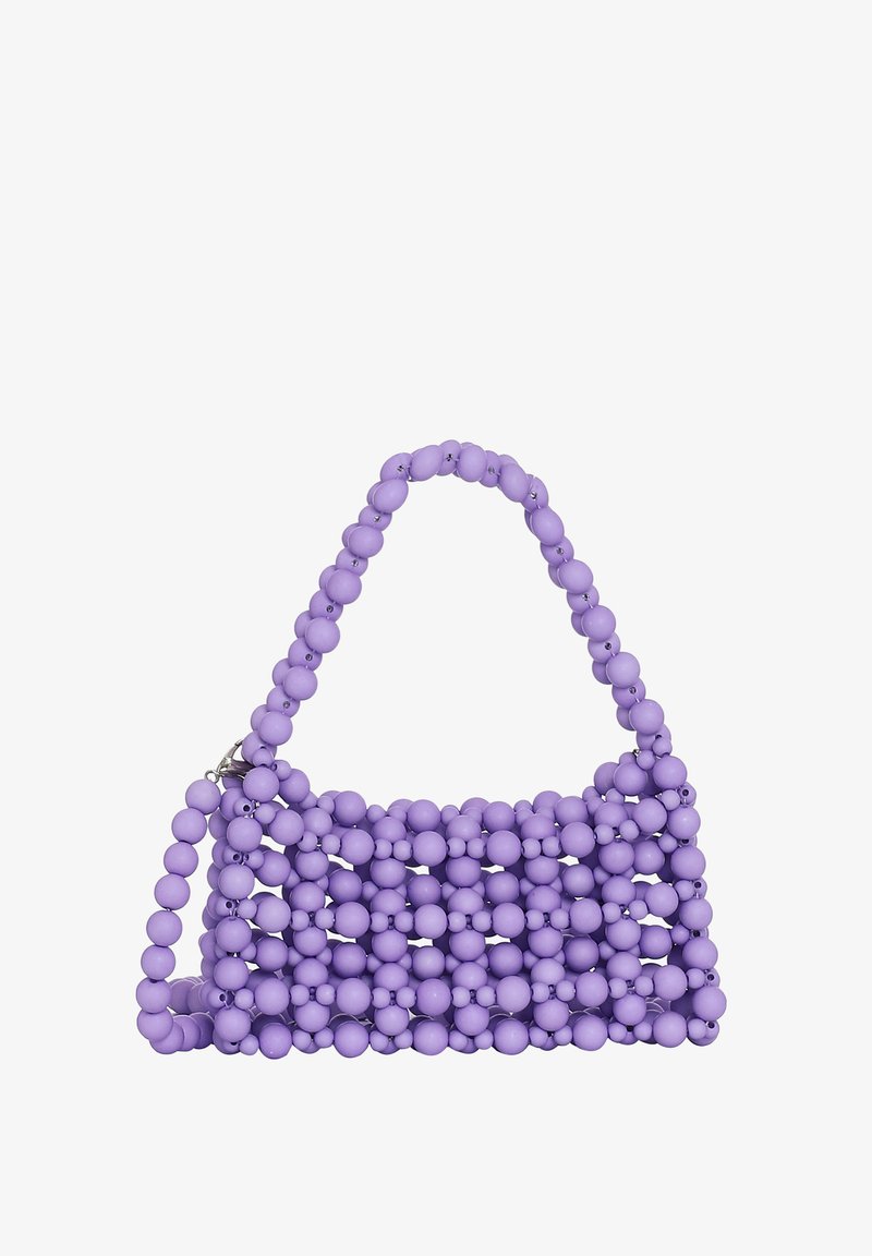 Purple beaded handbag with a rounded handle, crafted from soft, textured beads arranged in a grid pattern. Compact rectangular shape.
