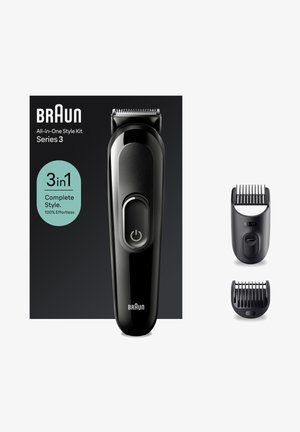 Schwarzer elektrischer Braun Series 3 Haarschneider mit Ein-/Ausschalter und zwei Aufsteckkämmen für Haarlängen von 3-11 mm und 1 mm.