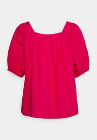 Top di cotone rosa con maniche puff corte, scollatura quadrata e motivo texturizzato. Presenta dettagli arricciati lungo il busto e l'orlo.