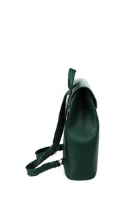Green leather backpack with a rounded shape, textured finish, adjustable straps, and a top flap closure with a loop handle.
