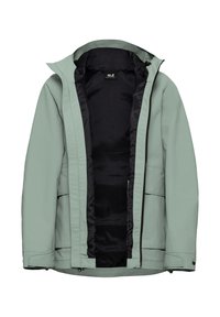 Hellgrüne wasserdichte Jacke mit schwarzem, gefüttertem Innenfutter, Kapuze, Frontreißverschluss und zwei Seitentaschen. Verfügt über eine lockere Passform und eine glatte Textur.