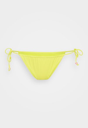 Neon żółty dół bikini z regulowanymi bocznymi zawiązaniami, gładką teksturą i marszczonym fasonem. Wyposażony w małe koraliki na końcach sznurków.