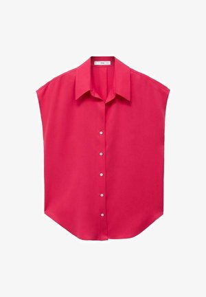 Short-sleeve, bright pink shirt with a collar, featuring a button-down front and a relaxed fit. Made of lightweight fabric.