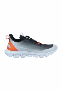 Herren-Sportschuh mit schwarzem und grauem Obermaterial mit strukturierter Oberfläche, orangefarbenen Akzenten, weißer Sohle und Schnürsystem für sicheren Halt.