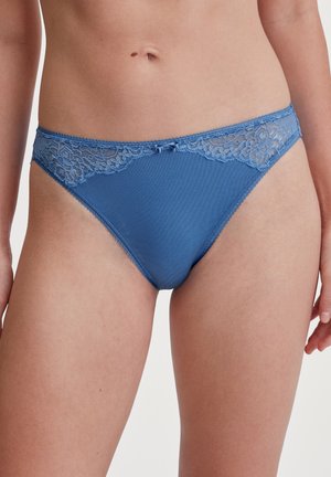 Blue lace-trimmed underwear with a smooth, soft texture. Features a decorative bow at the front and a fitted design for comfort.