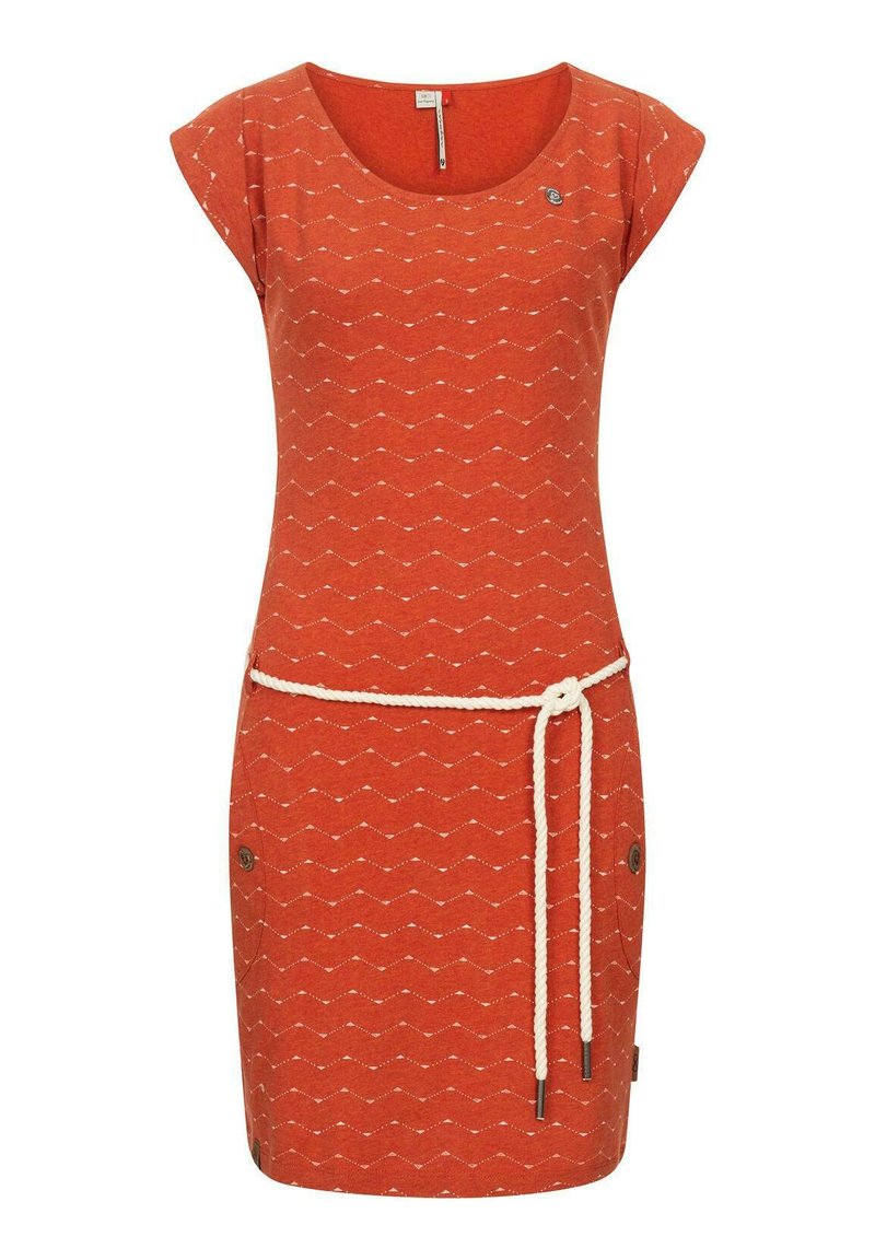 Rotes kurzärmliges Kleid mit weißem Zickzackmuster, rundem Hals und Taillenschnürung. Verfügt über dekorative Knöpfe an den Seiten. Glatte Stoffbeschaffenheit.