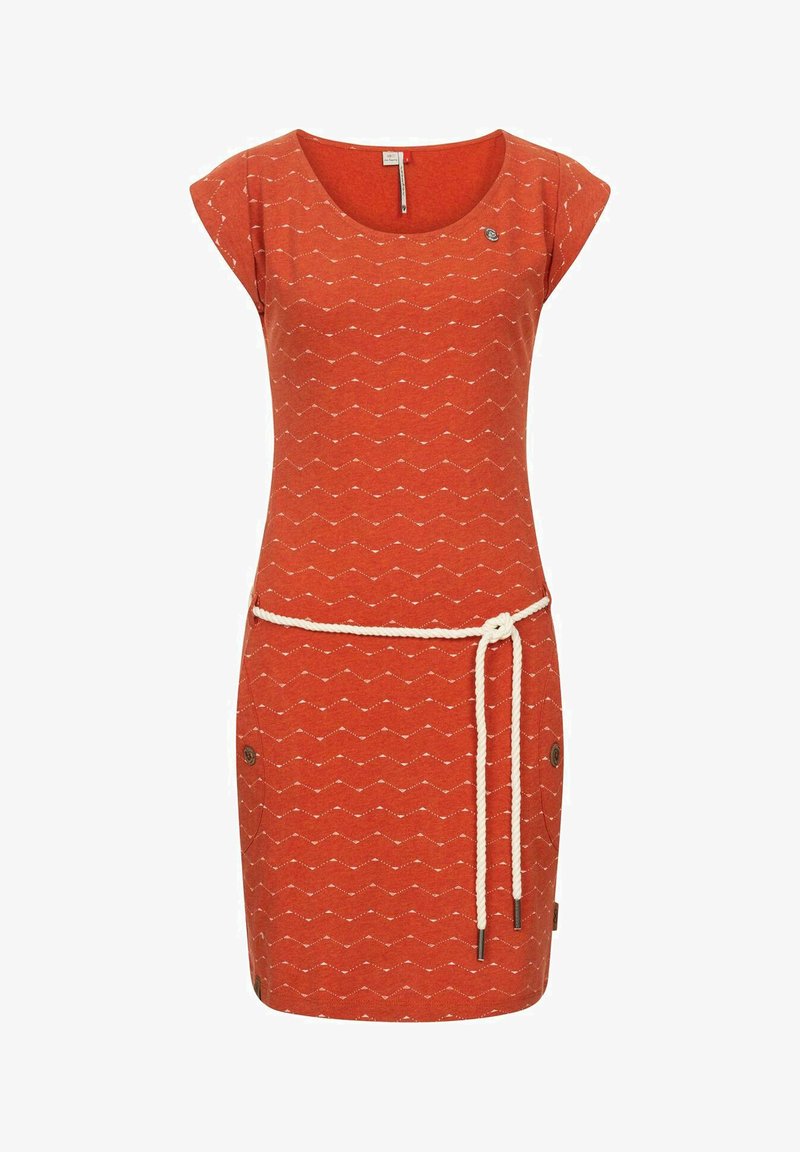 Rotes kurzärmliges Kleid mit weißem Zickzackmuster, rundem Hals und Taillenschnürung. Verfügt über dekorative Knöpfe an den Seiten. Glatte Stoffbeschaffenheit.