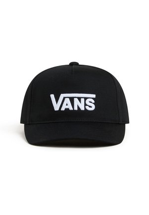 Sort baseball cap lavet af stof med en buet skygge; har et broderet hvidt "VANS" logo foran.