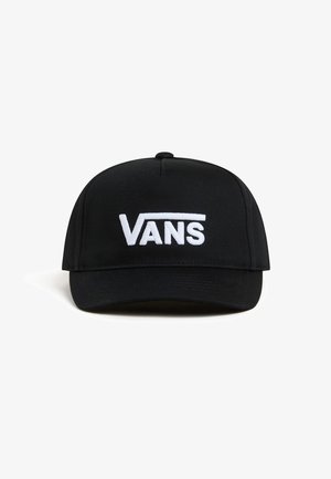 Cappellino da baseball nero in tessuto con visiera curva; presenta un logo ricamato bianco "VANS" sul davanti.
