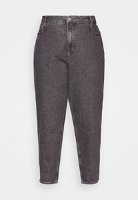 Džíny z černého denimu s vysokým pasem a mírně volným střihem. Mají pět kapes, zapínání na knoflík a kontrastní šití.