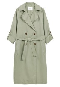 Trench coat de color verde claro con un diseño de doble botonadura, detalles en botones, cinturón de lazo y mangas remangadas. Fabricado con un material suave.