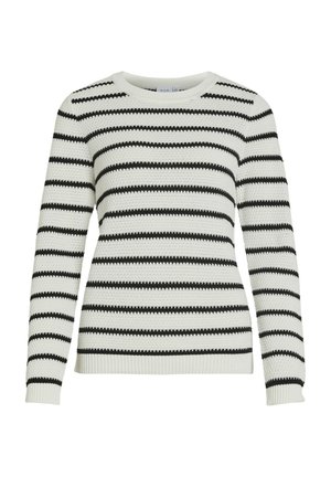Maglione lavorato a maglia bianco con strisce orizzontali nere. Presenta un collo rotondo e polsi e orlo a costine. Tessuto testurizzato.