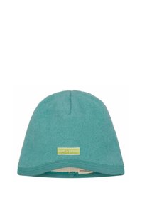 Cappello in pile turchese dalla forma arrotondata, con orlo cucito e un'etichetta verde con il marchio "loud + proud" sulla parte anteriore.