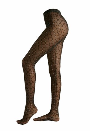 Collants en résille noire avec un motif en diamant et de petites touches dorées, texture transparente et taille lisse, conçus pour un ajustement près du corps.