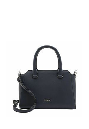 Bolso de cuero azul marino con diseño estructurado, asas superiores dobles y correa de hombro detachable. Presenta acentos metálicos y logotipo en relieve.