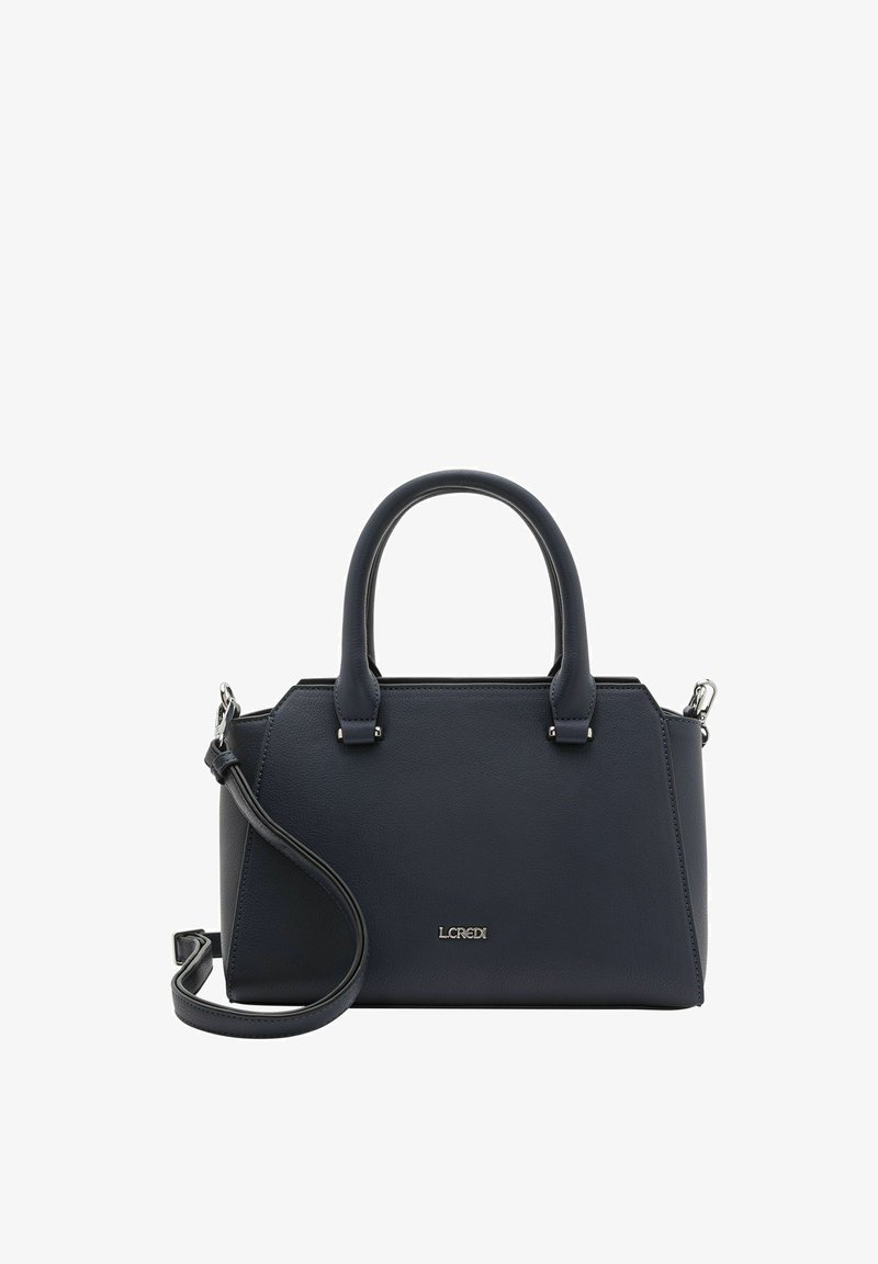 Marineblauwe leren handtas met een gestructureerd ontwerp, dubbele bovenhandvatten en een afneembare schouderriem. Beschikt over metallic accenten en een geperst logo.