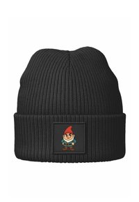 Black ribbed beanie featuring a rectangular patch with a cartoon gnome illustration, detailed with a red hat and blue outfit.