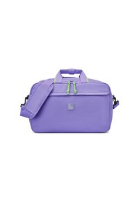 Sac en tissu violet avec des accents verts, poignées supérieures doubles, bandoulière détachable, compartiment principal zippé et poche avant.