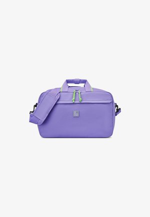 Borsa in tessuto viola con accenti verdi, doppio manico superiore, tracolla removibile, scomparto principale con zip e tasca frontale.