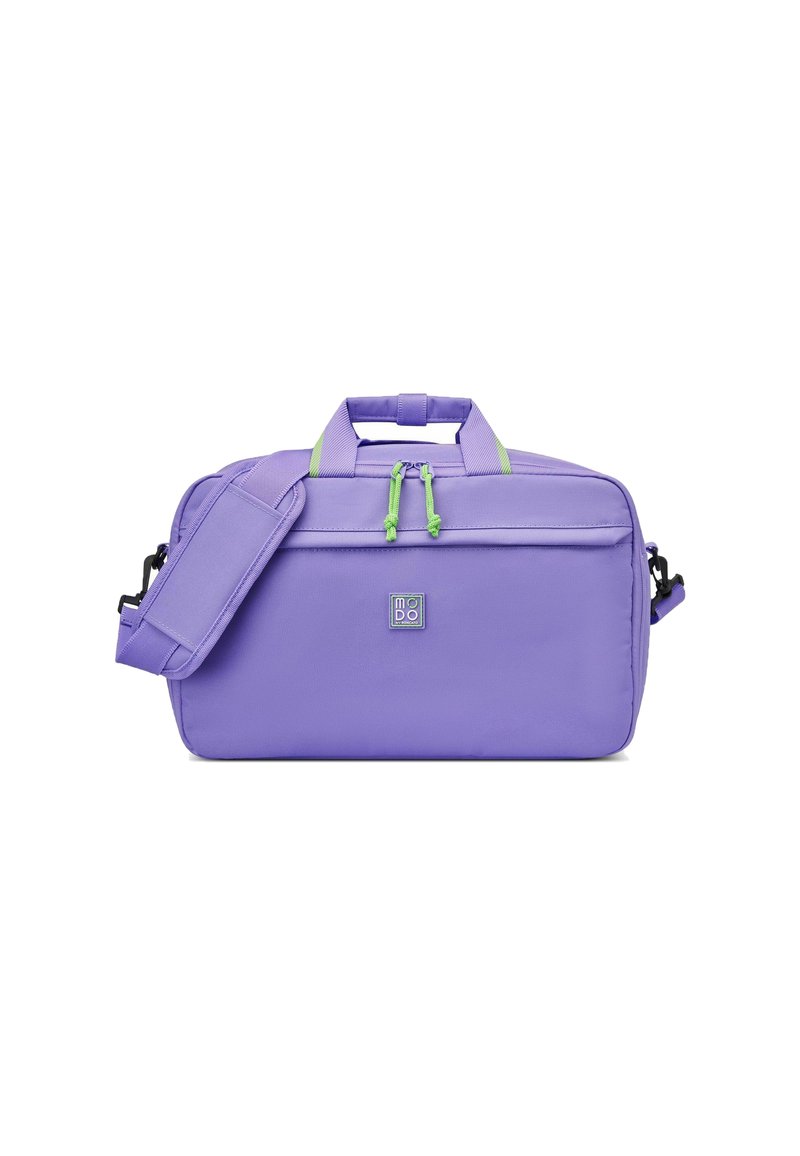 Sac en tissu violet avec des accents verts, poignées supérieures doubles, bandoulière détachable, compartiment principal zippé et poche avant.
