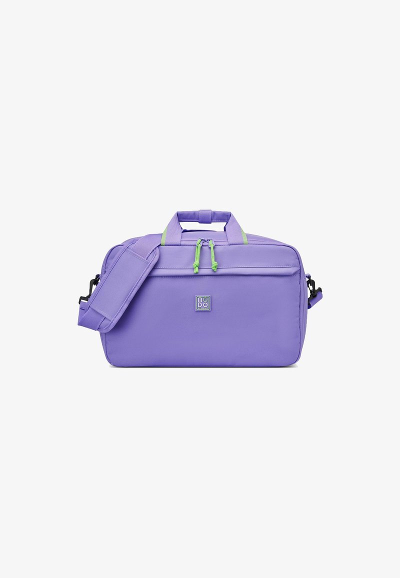 Borsa in tessuto viola con accenti verdi, doppio manico superiore, tracolla removibile, scomparto principale con zip e tasca frontale.