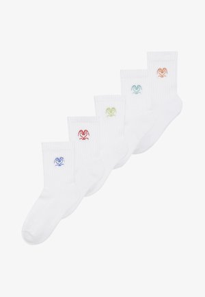 Five pairs of white cotton socks featuring ribbed cuffs, each with a different colored embroidered heart logo: red, green, blue, orange.