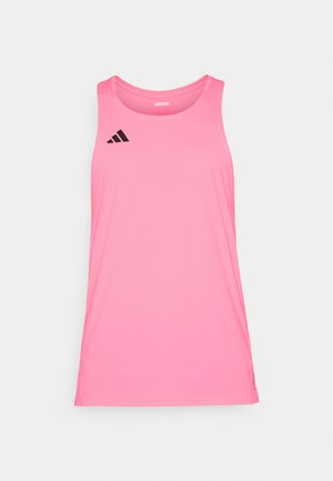 Pink athletic tank top made of lightweight material, with a round neckline and sleeveless design. Features black Adidas logo on the left chest.