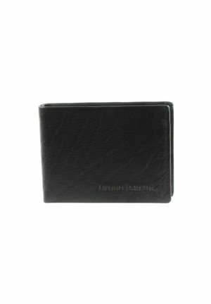 Black leather wallet with a textured finish, bi-fold design, and embossed branding. Compact shape suitable for cards and cash.