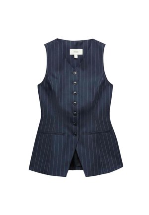 Marineblauw damesmouwloos gilet met krijtstreep, zes zwarte knopen aan de voorkant en twee voorzakken met rand.