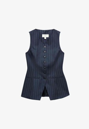 Marineblauw damesmouwloos gilet met krijtstreep, zes zwarte knopen aan de voorkant en twee voorzakken met rand.