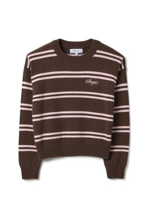 Suéter de punto marrón con franjas horizontales rosa claro y "Amour" bordado en el pecho izquierdo, con puños y dobladillo acanalados.