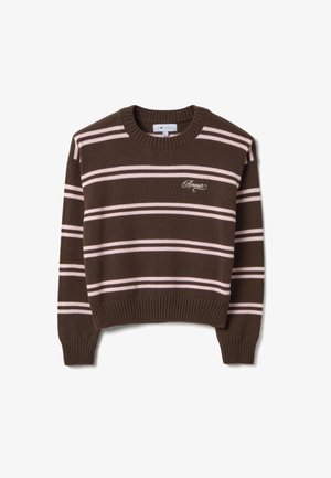 Suéter de punto marrón con franjas horizontales rosa claro y "Amour" bordado en el pecho izquierdo, con puños y dobladillo acanalados.