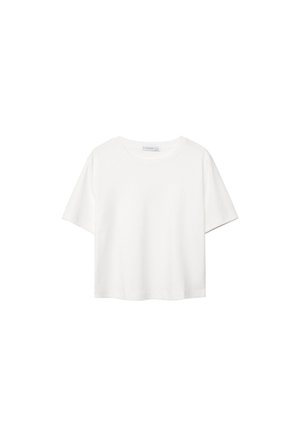 Weißes T-Shirt aus Baumwolle mit kurzen Ärmeln, Rundhalsausschnitt, lockerer Passform und geradem Saum.