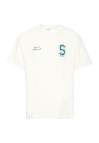White cotton t-shirt featuring blue embroidered text, “The Ace of Diamonds” and a stylized letter “S” on the front left side. Short sleeves.