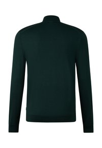 Dunkelgrüner Langarm-Pullover mit Rundhalsausschnitt, von hinten gezeigt, aus glattem, schlichtem Stoff und mit engen Bündchen.