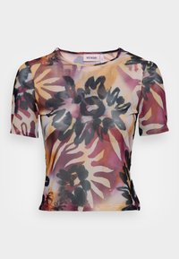 Kortärmad, semi-transparent topp med ett blommönster i nyanser av rosa, svart och beige, rund halsringning och slim fit.