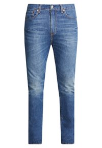 Denimjeans i medelblått med en subtil blekning, med en klassisk femfickdesign, metallknappstängning och orangea sömnadsdetaljer.