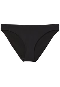 Bas de bikini noirs pour femmes avec un design simple et lisse et une coupe modérée aux hanches et aux jambes.