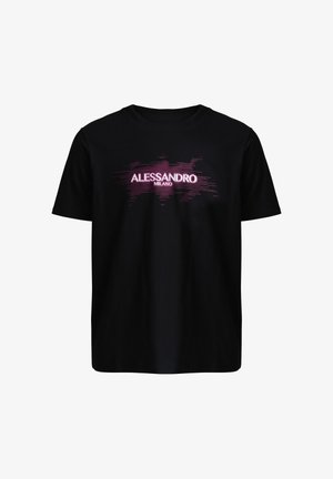 Zwart T-shirt met korte mouwen met de tekst "ALESSANDRO MILANO" in witte en roze glitch-effect, gecentreerd op de borst.