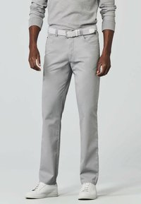 Light gray trousers made of cotton with a straight-leg fit, paired with a white woven belt and white sneakers. Simple design; no patterns.