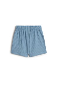 Light blue ribbed shorts with an elastic waistband, featuring a relaxed fit and smooth texture. No pockets or additional accents.