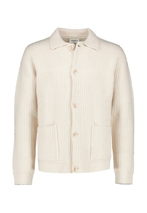 Cardigan lavorato a maglia color crema con maniche lunghe, bottoni frontali, colletto e due tasche applicate frontali.