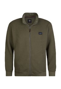Olivgrön zip-up jacka med ett strukturerat honungskolumnsmönster, ribbade manschetter och krage. Har en logotyp patch på bröstet.