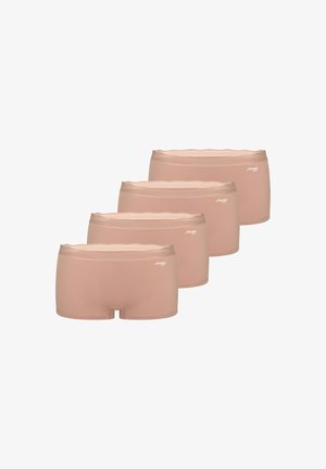 Quattro slip hipster beige senza cuciture da donna con fascia a onde e piccolo logo bianco del marchio sul lato sinistro.