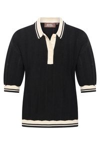 Polo de punto negro con cuello crema y tres botones, que presenta puños acanalados con rayas en blanco y negro y un patrón texturizado.